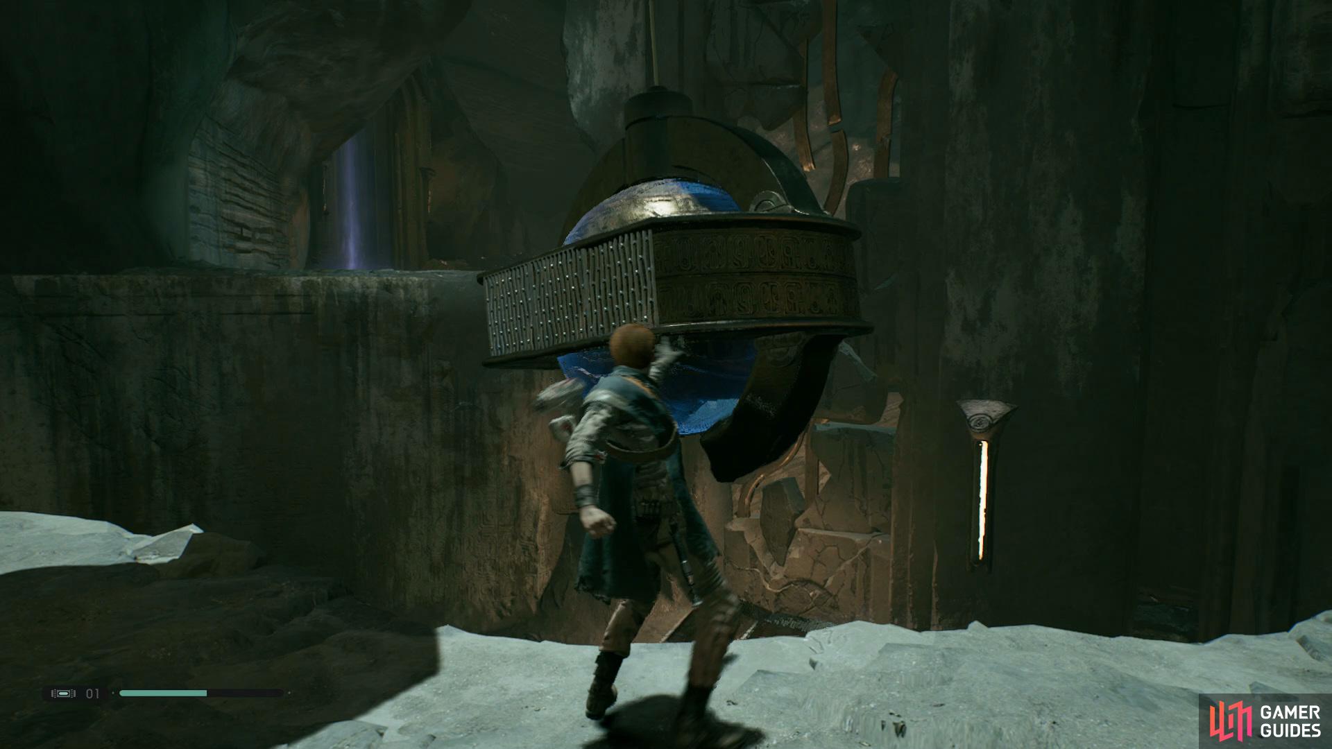 now wait for it to approach you and use Force Slow on it and then hang onto it and go to the other side. 
