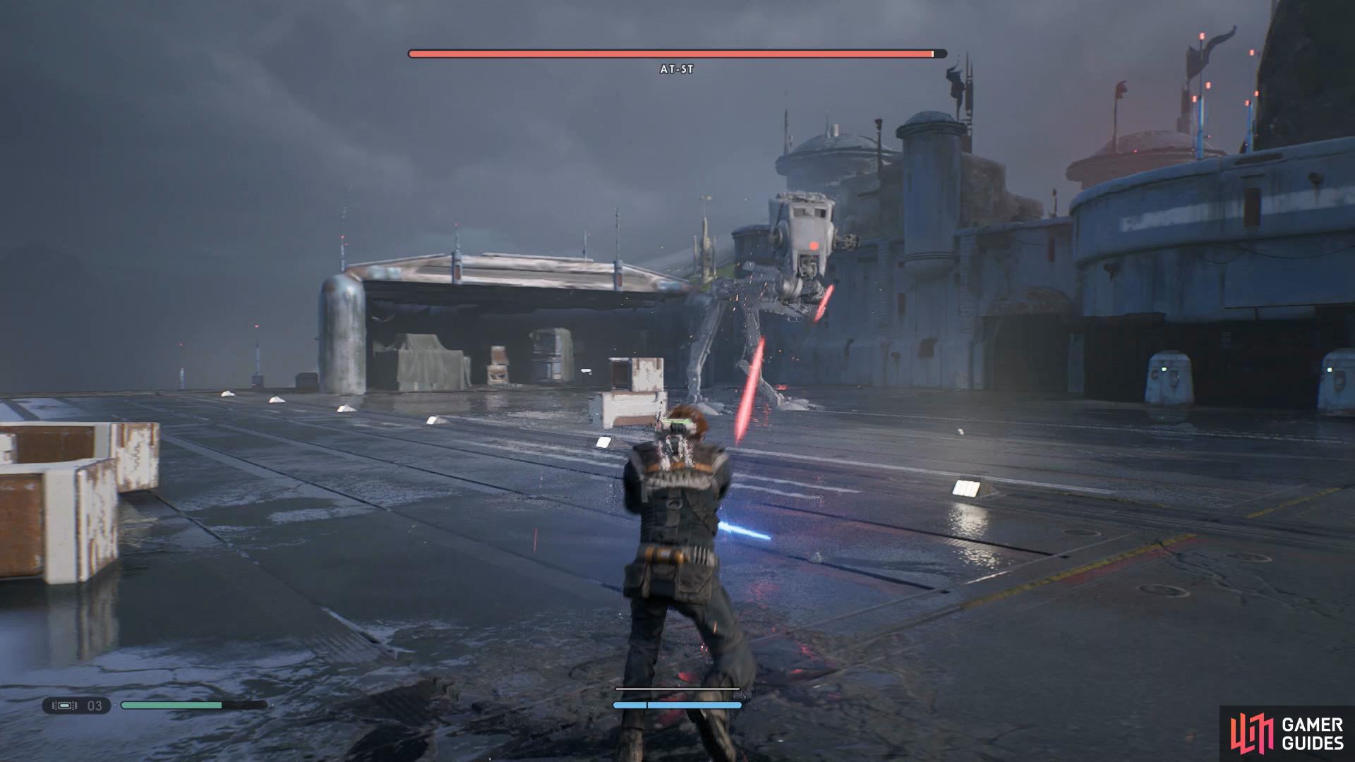 Use your Lightsaber to deflect any bullets back at the AT-ST