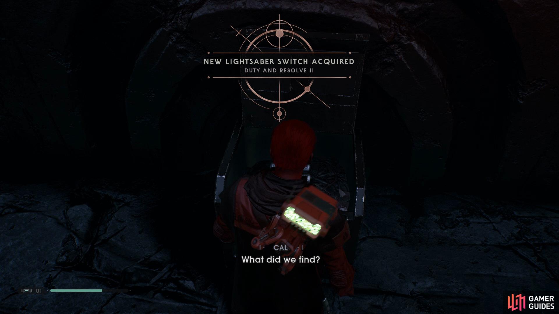 finally zip line down and go right to get BD-1 to open a door that contains another Chest with the Duty and Resolve II Lightsaber Switch inside.