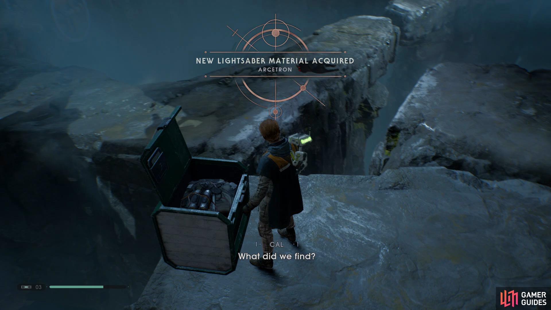 Follow the path right in the Ice Caves to find a Chest that contains the Arcetron Lightsaber Material.