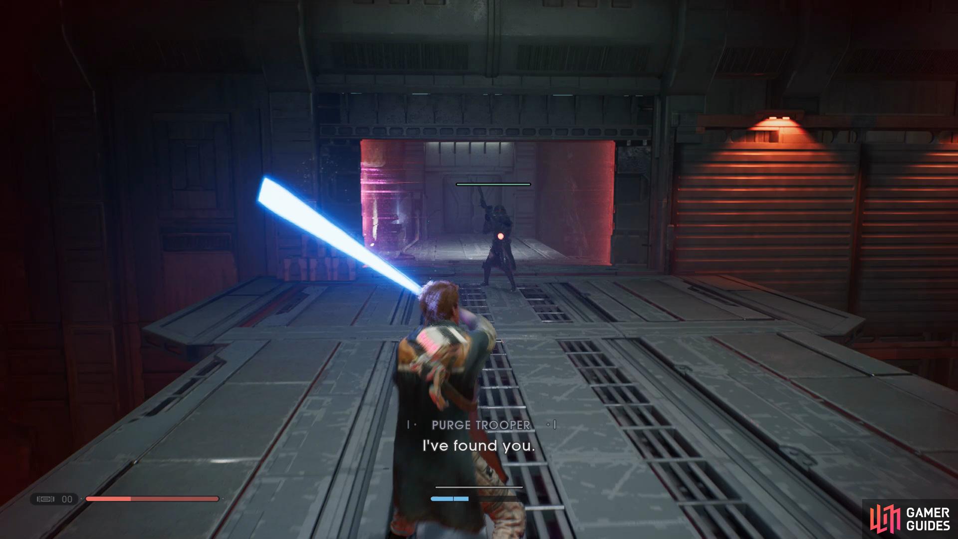 To take out the Purge Trooper, simply Force Push him off the side or use Force Slow and hit 2-3 times.