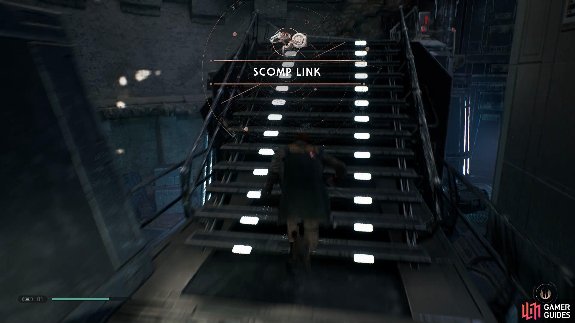 enter the room and follow it around to find a workbench that will allow Cal to give BD-1 a new Scomp Link