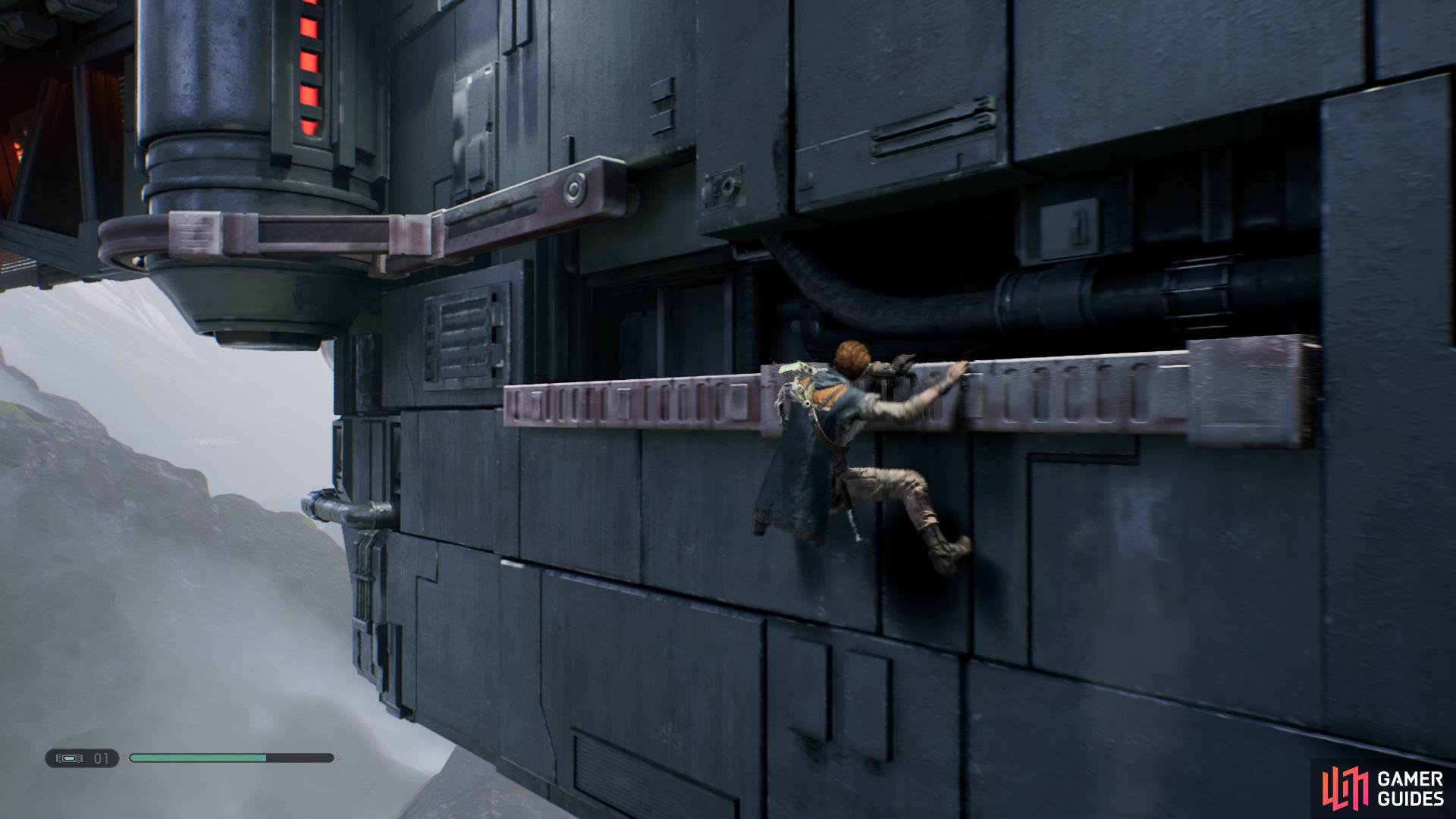 exit the room and head straight to find a path going left that you'll now climb across to reach the top.