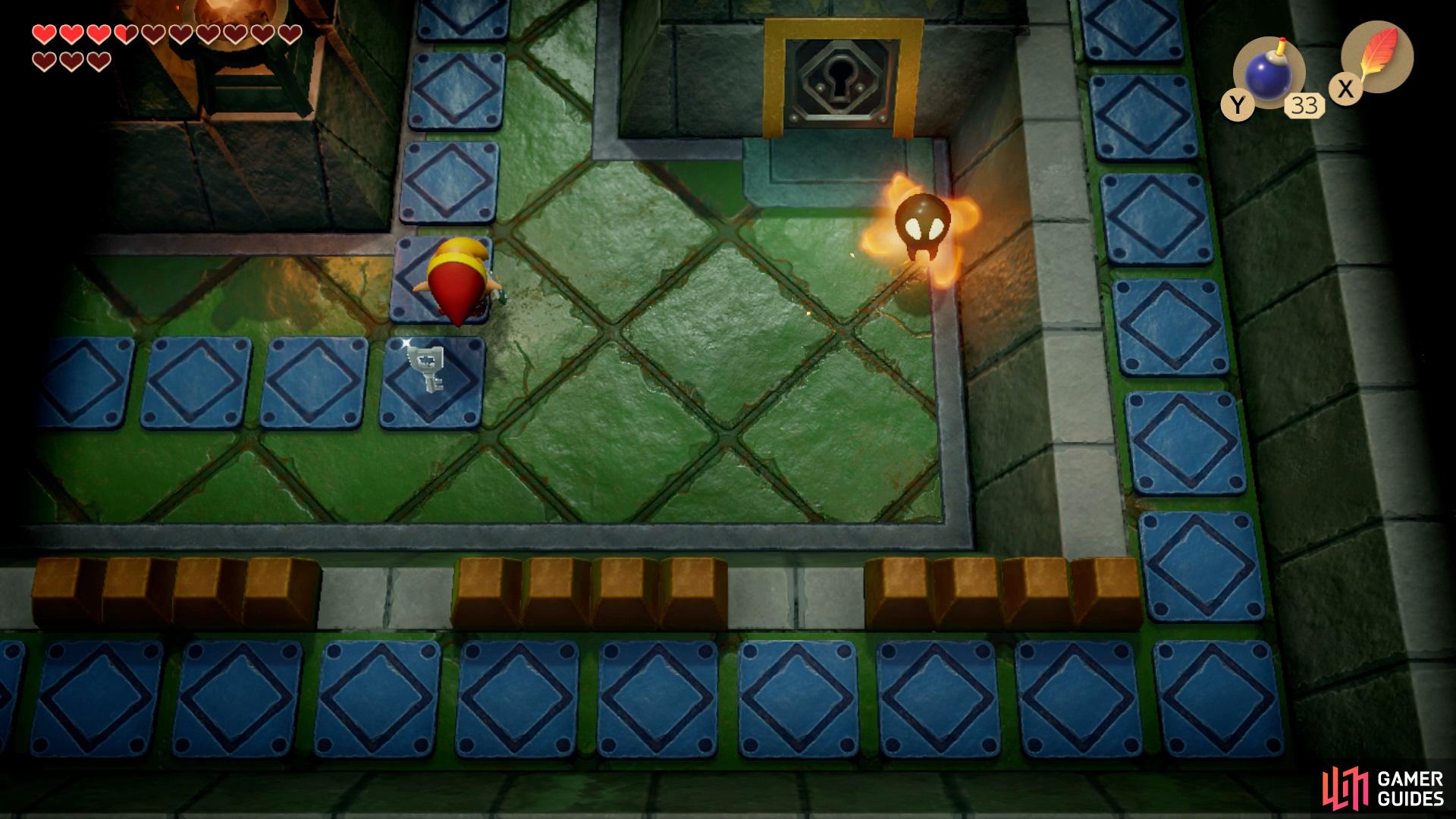 Go right from the entrance of the dungeon and kill the enemies to get a Small Key to drop,