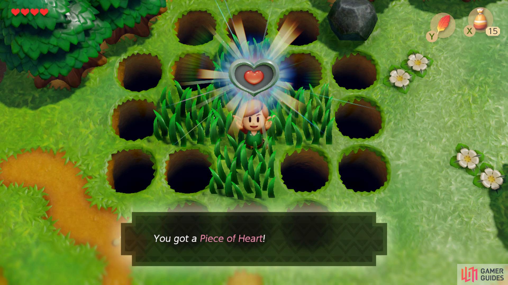 then head through the Mysterious Forest to Koholint Prairie to find a Piece of Heart in the middle of some holes, 