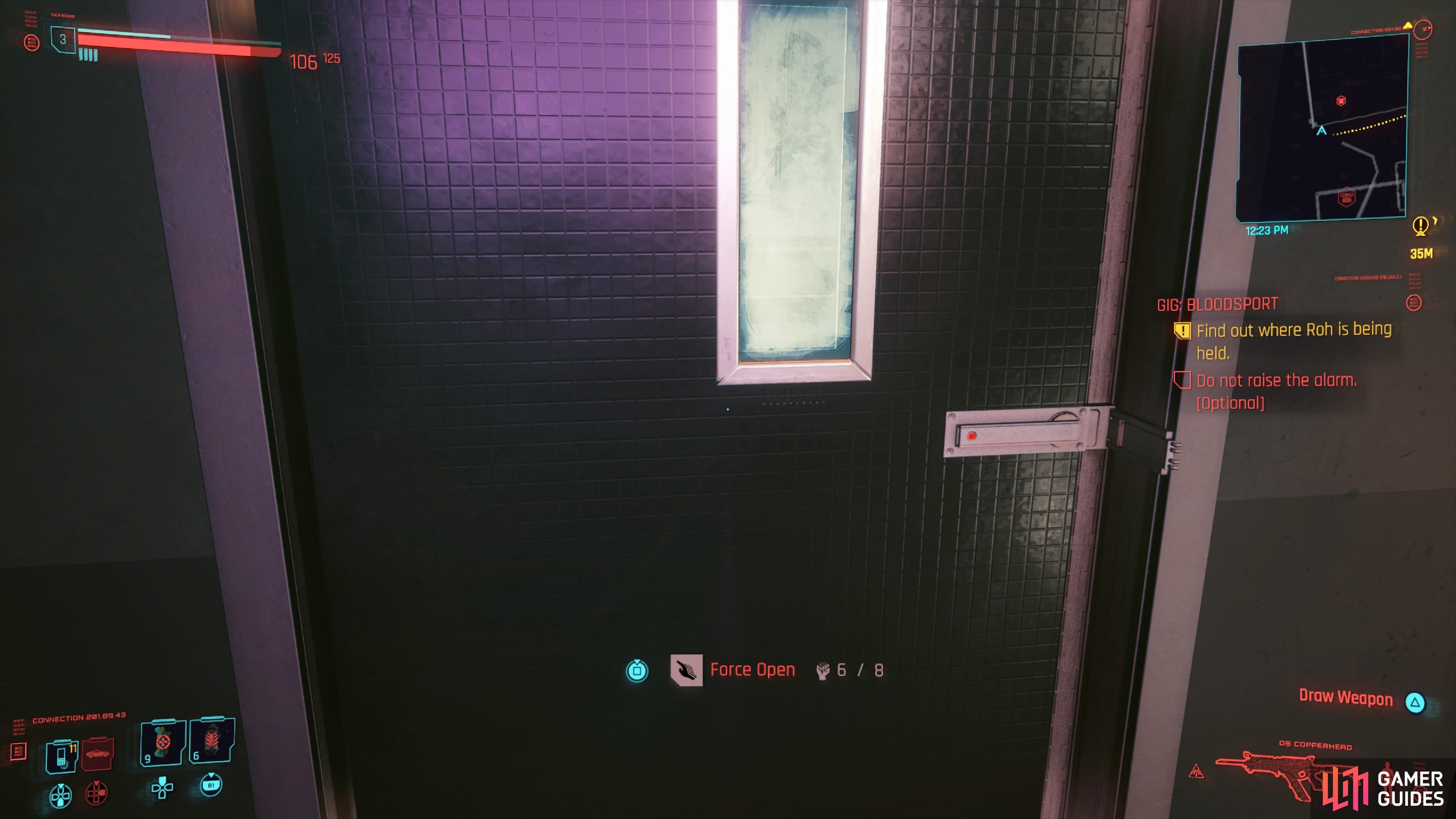 You can open the door to the left of the building if your Body Stat is Level 8.