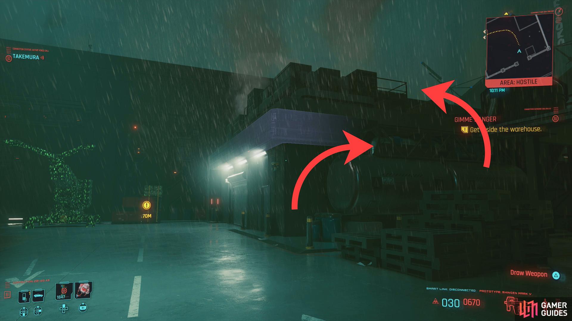 You can jump onto a fuel tank, then onto the roof of a building adjacent to the warehouse,