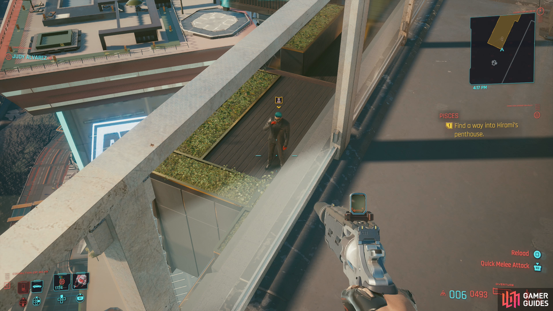 You can drop down directly onto the balcony outside of Hiromi's penthouse, but be wary of patrolling guards.