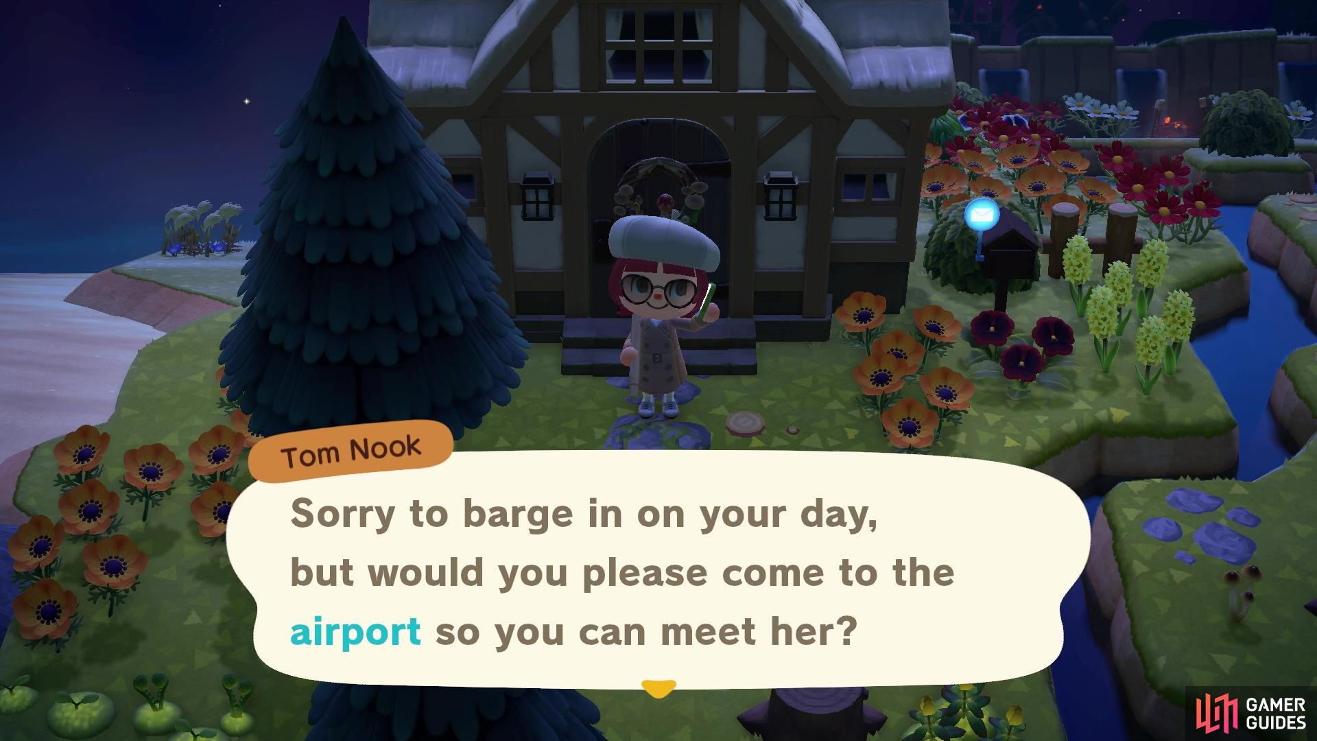 Nook will call you as soon as you open the game and ask you to meet him and his friend at the airport. 