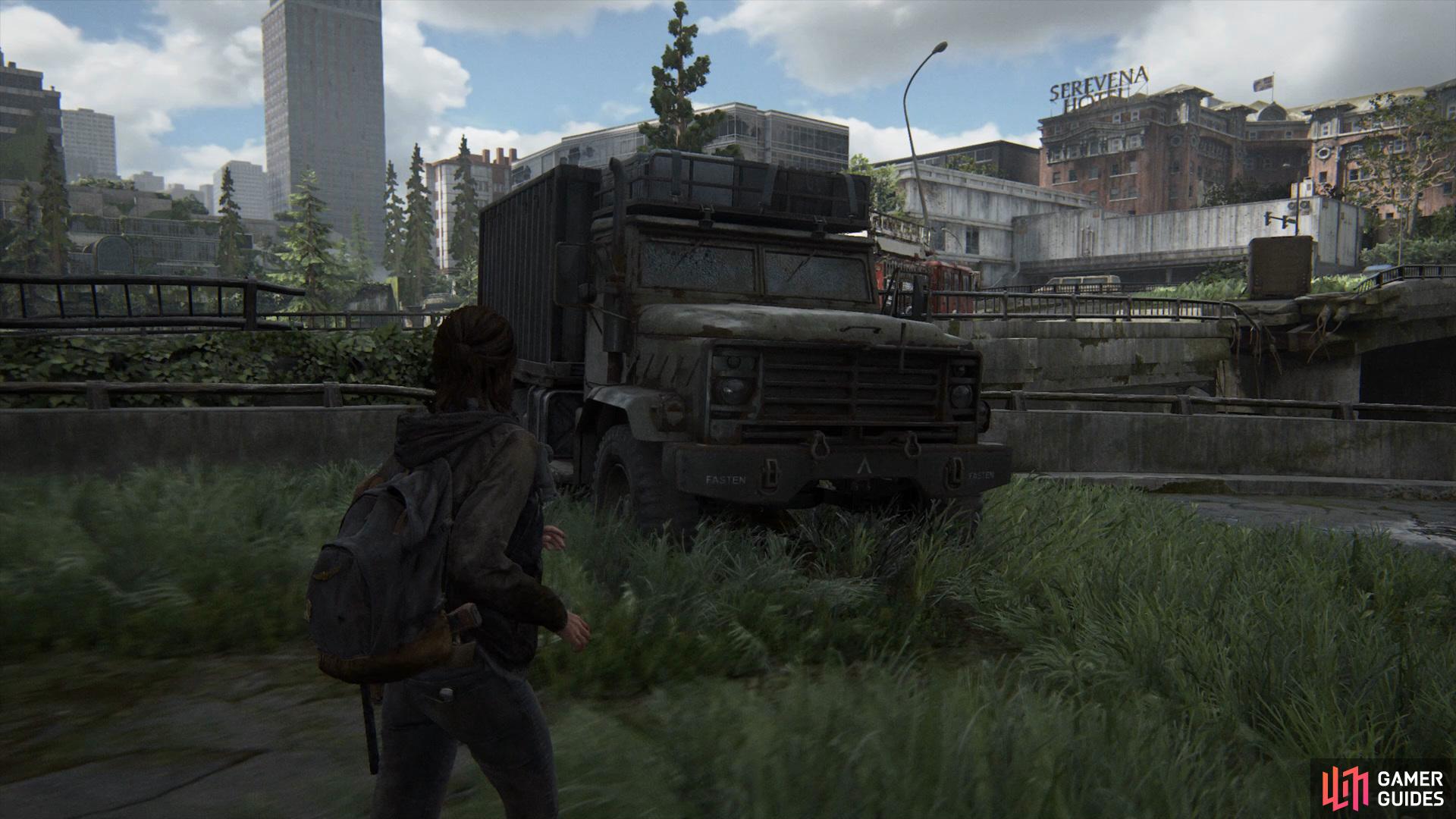 Use the destroyed military truck to reach the fire truck