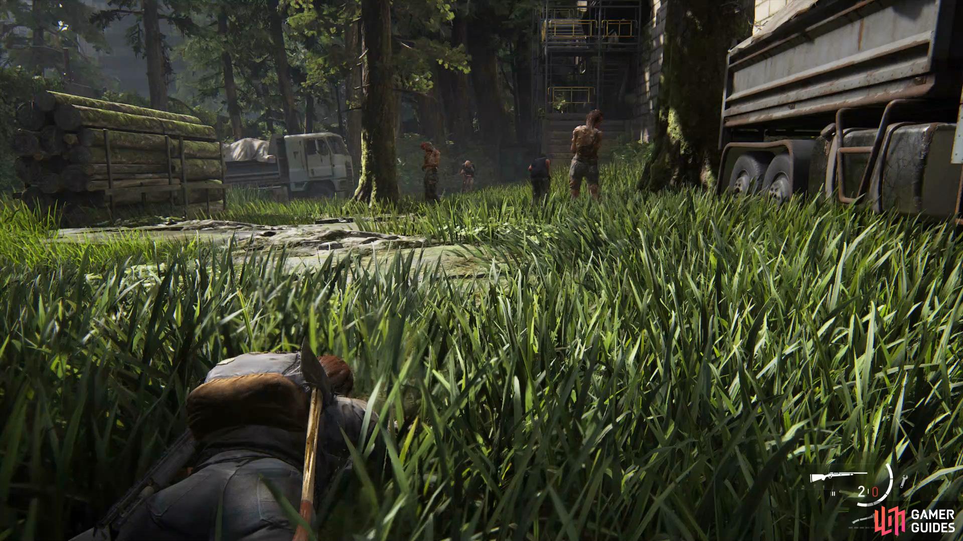 Once you've made it to the Dome via the fence, crawl through the grass to stealth takedown the enemies 
