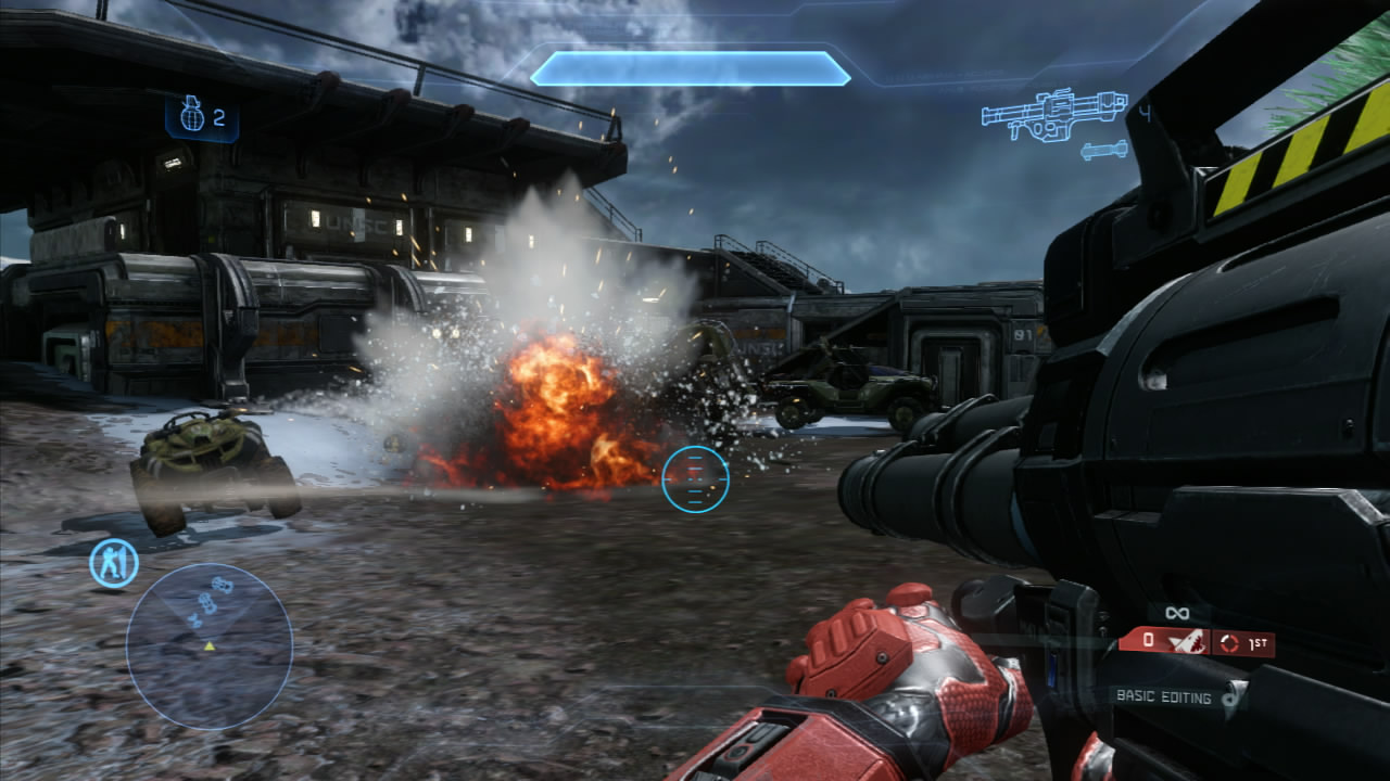 The rocket launcher returns essentially unchanged from Halo: Reach. It holds two rockets in its double barrel. They are fairly slow moving by projectile standards but cause a great deal of damage at the impact as well as additional splash damage to surrounding areas. Highly effective against vehicles and infantry (Much more accurate when aimed for the feet of the latter).