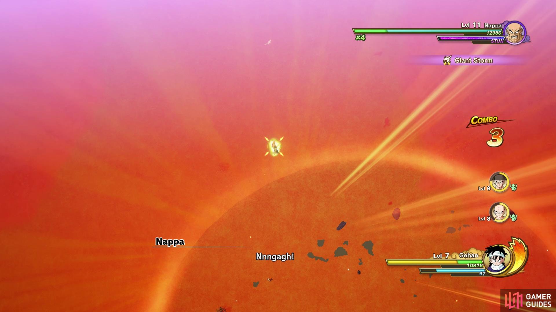 Get out of the range for Giant Storm before Nappa actually performs the move