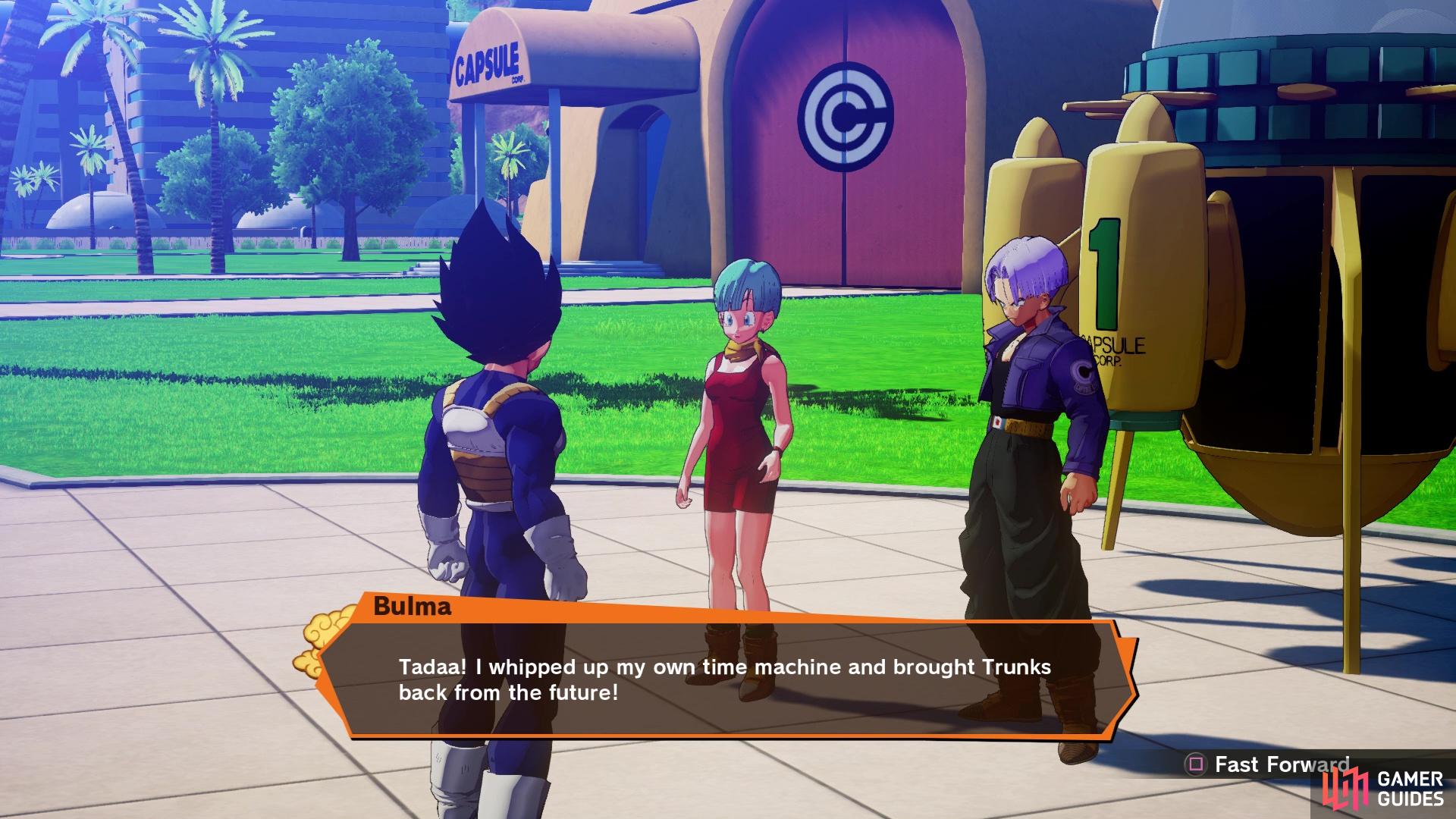 Speak with Bulma in front of Capsule Corp to unlock Future Trunks as a playable character