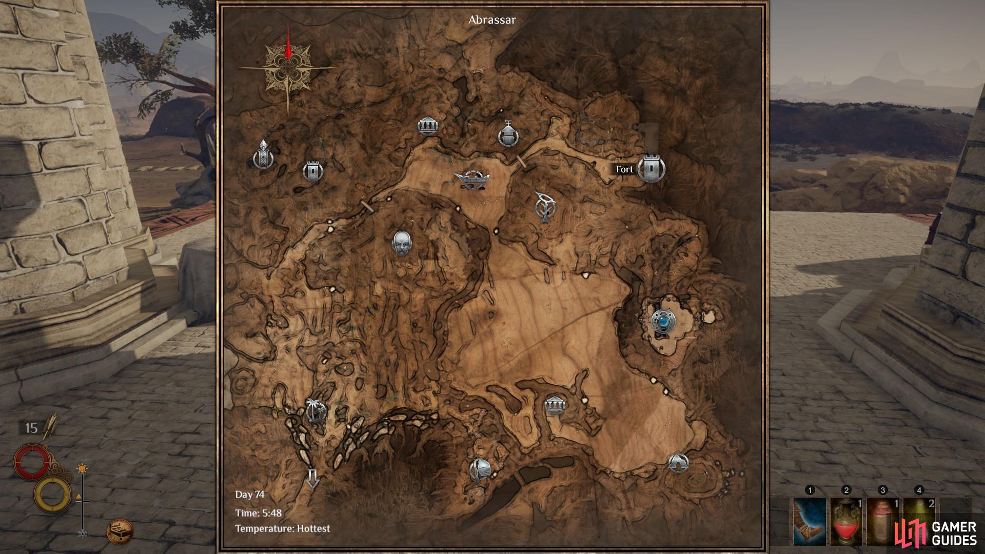 The location of Electric Lab on the Abrassar map, marked here as 'Fort' in the north east of the map.