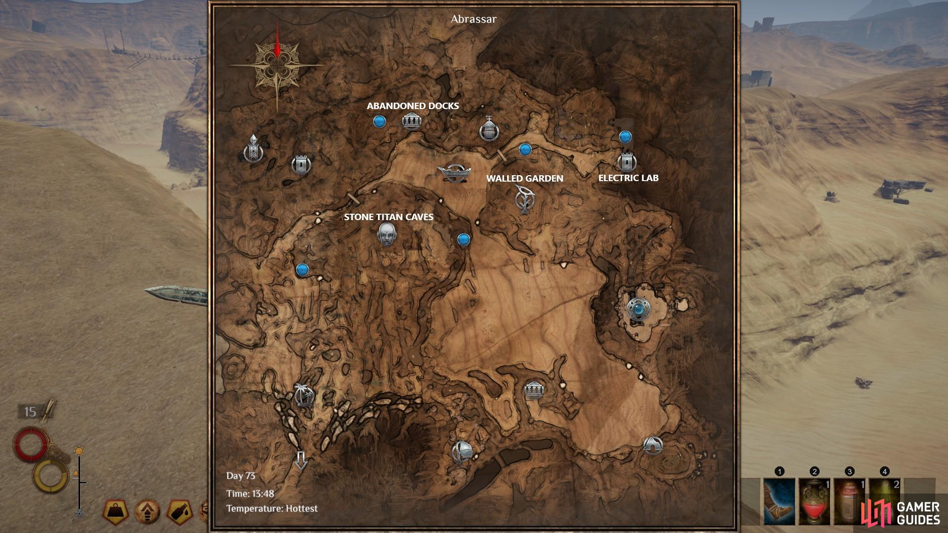 Map of Abrassar showing all five locations of altars with Ornate Chests, marked here by blue circles.