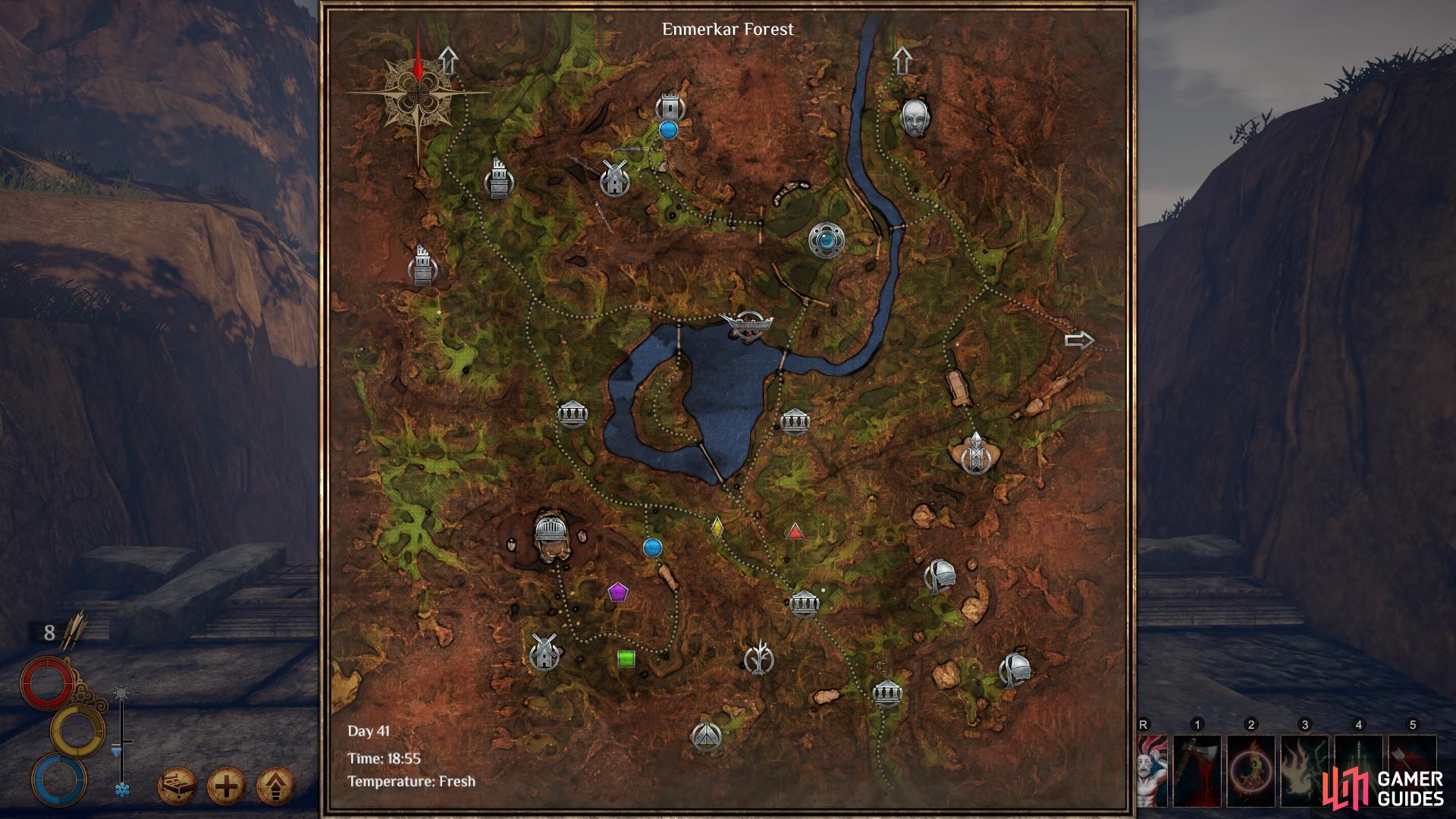 Note the colourful markers shown here north west of the Burning Tree. Wandering at night throughout this region, you are near certain to encounter a few Beast Golems.