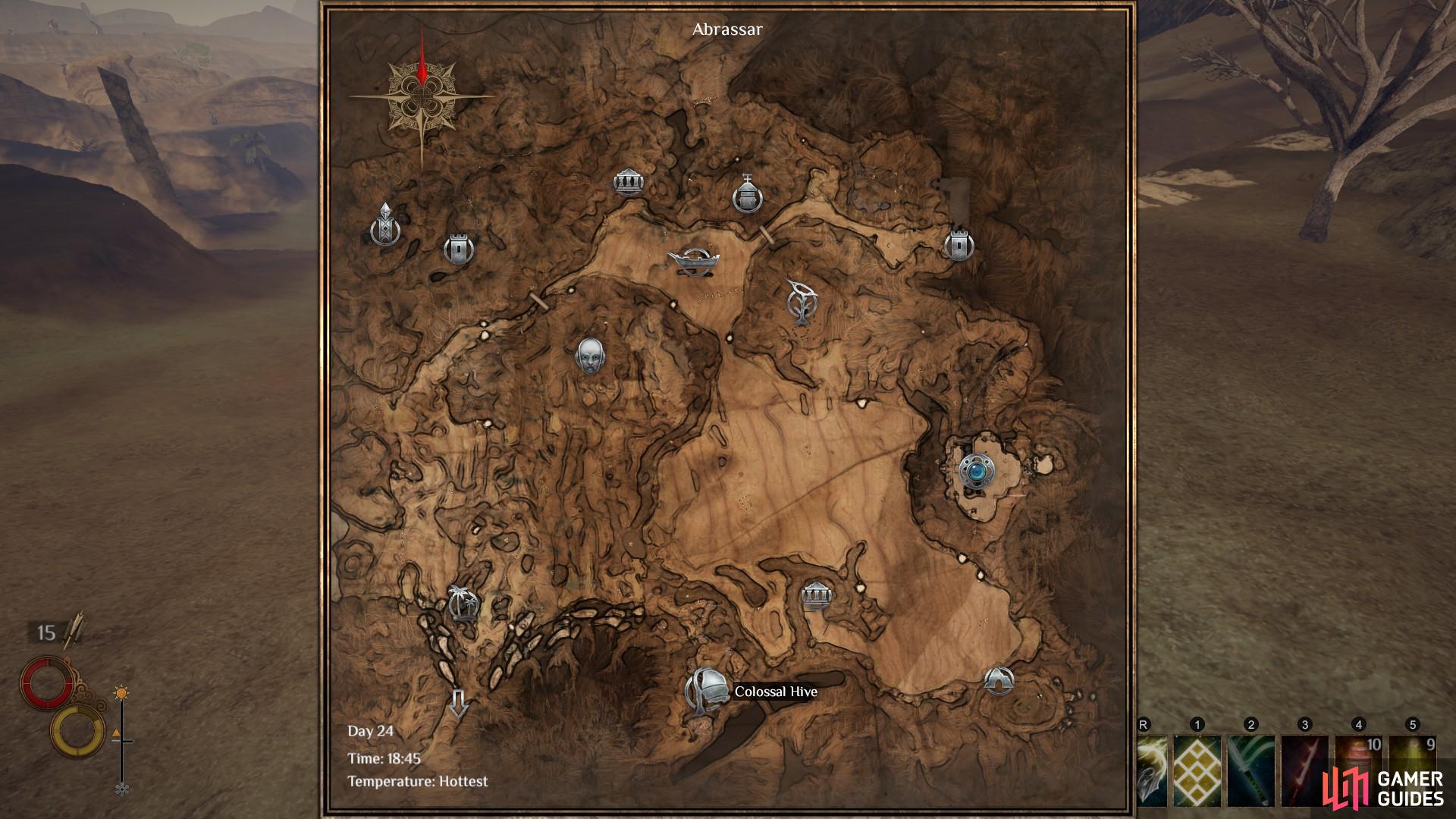 The location of the Colossal Hive, south west of Levant, on the Abrassar regional map.