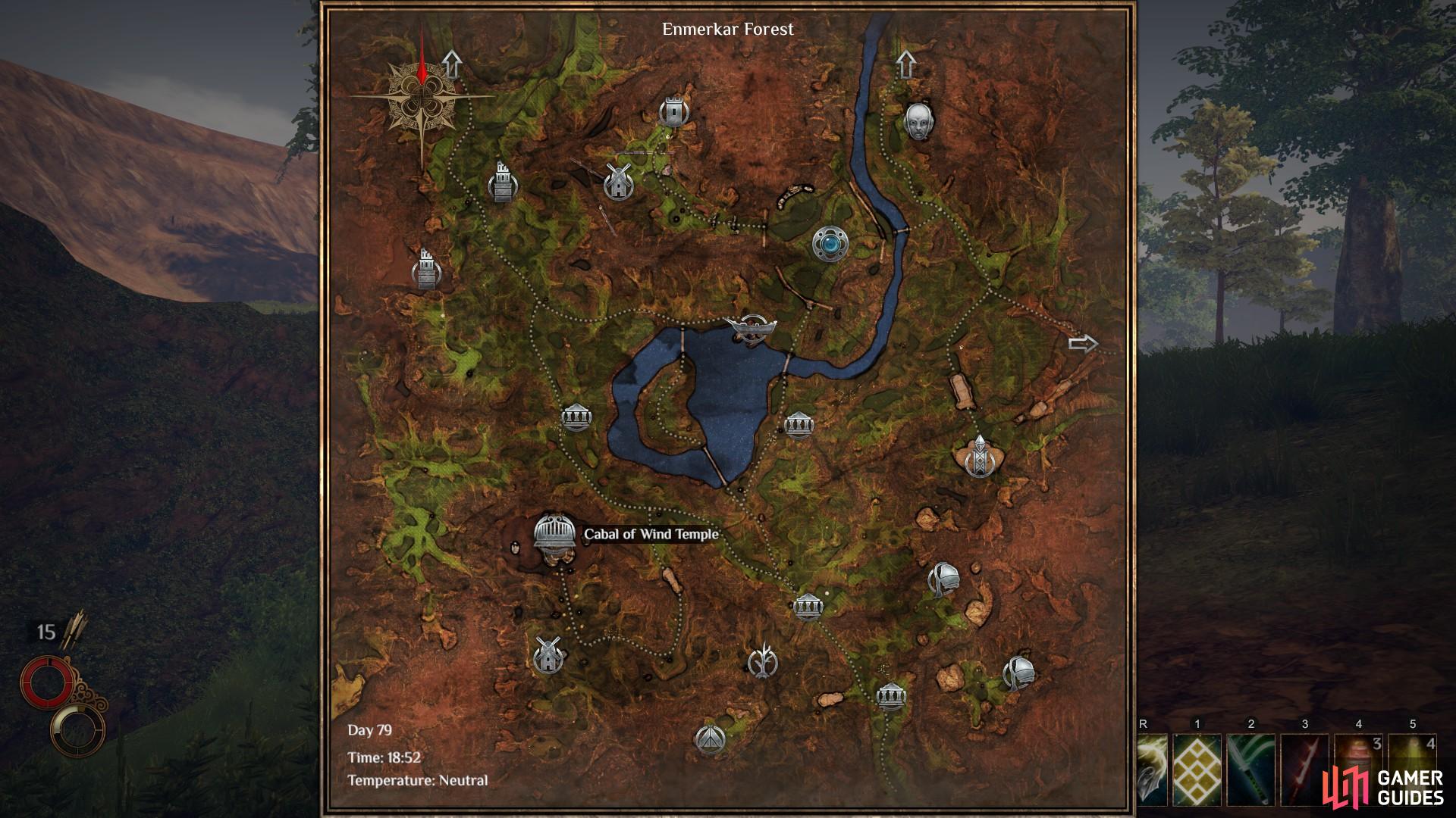The location of the Cabal of Wind Temple in Enmerkar Forest, south west of Berg.
