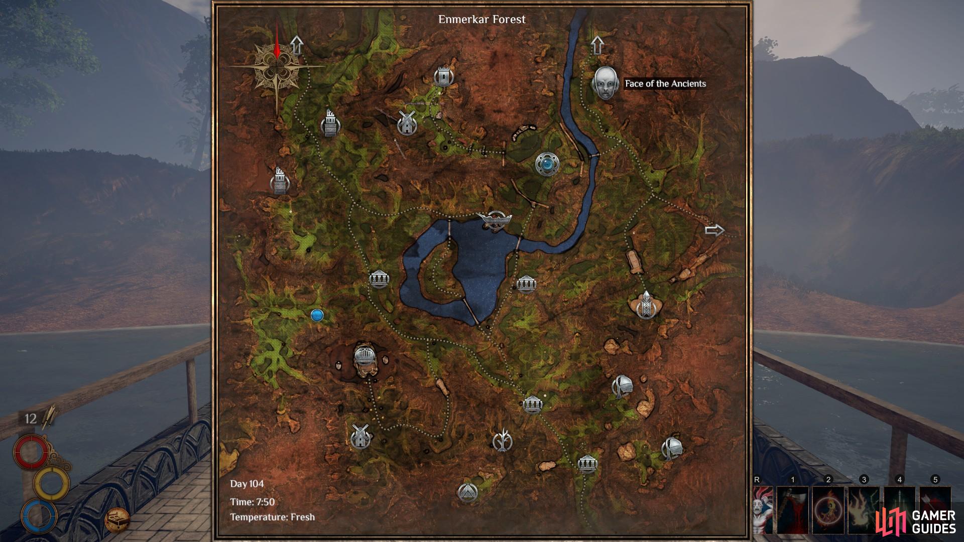 The location of the Face of the Ancients dungeon, north east of the city of Berg.