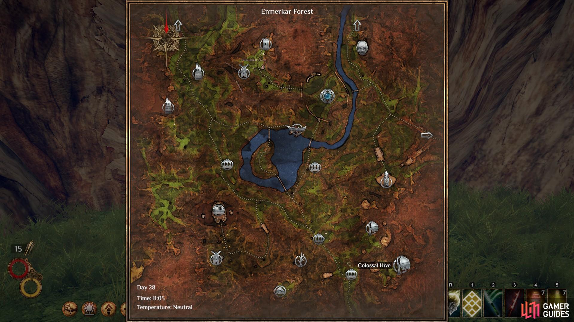 The location of the Forest Hives within Enmerkar Forest. Be sure to take the northern entrance to find Zephyrien quickly.