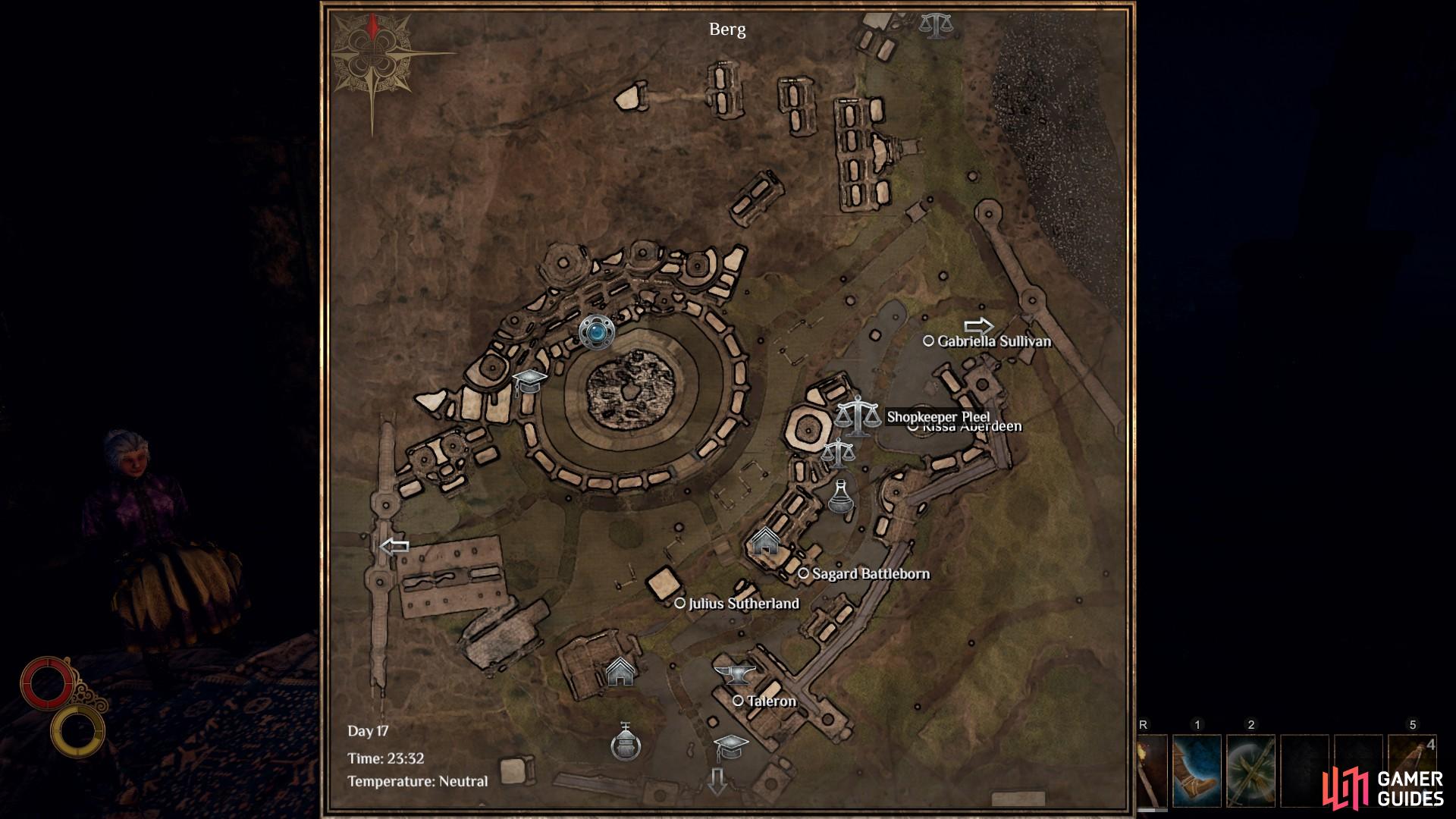 The location of Shopkeeper Pleel on the Berg city map.