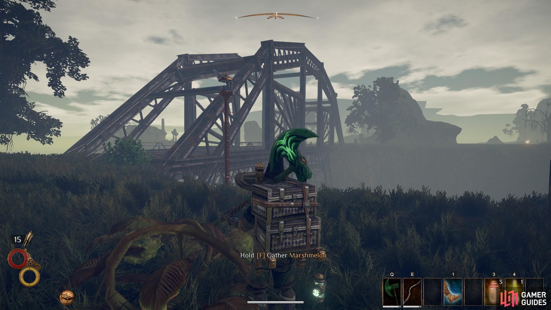 A first person perspective of the location of the second Marshmelon spawn in relation to the bridge.