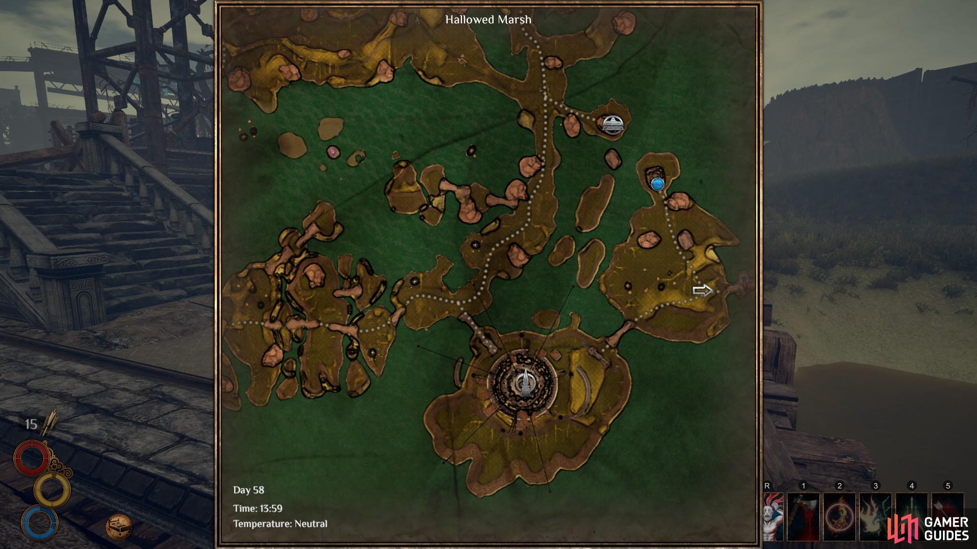 The location of Ziggurat dungeon on the south east corner of the map, marked here by a blue circle.