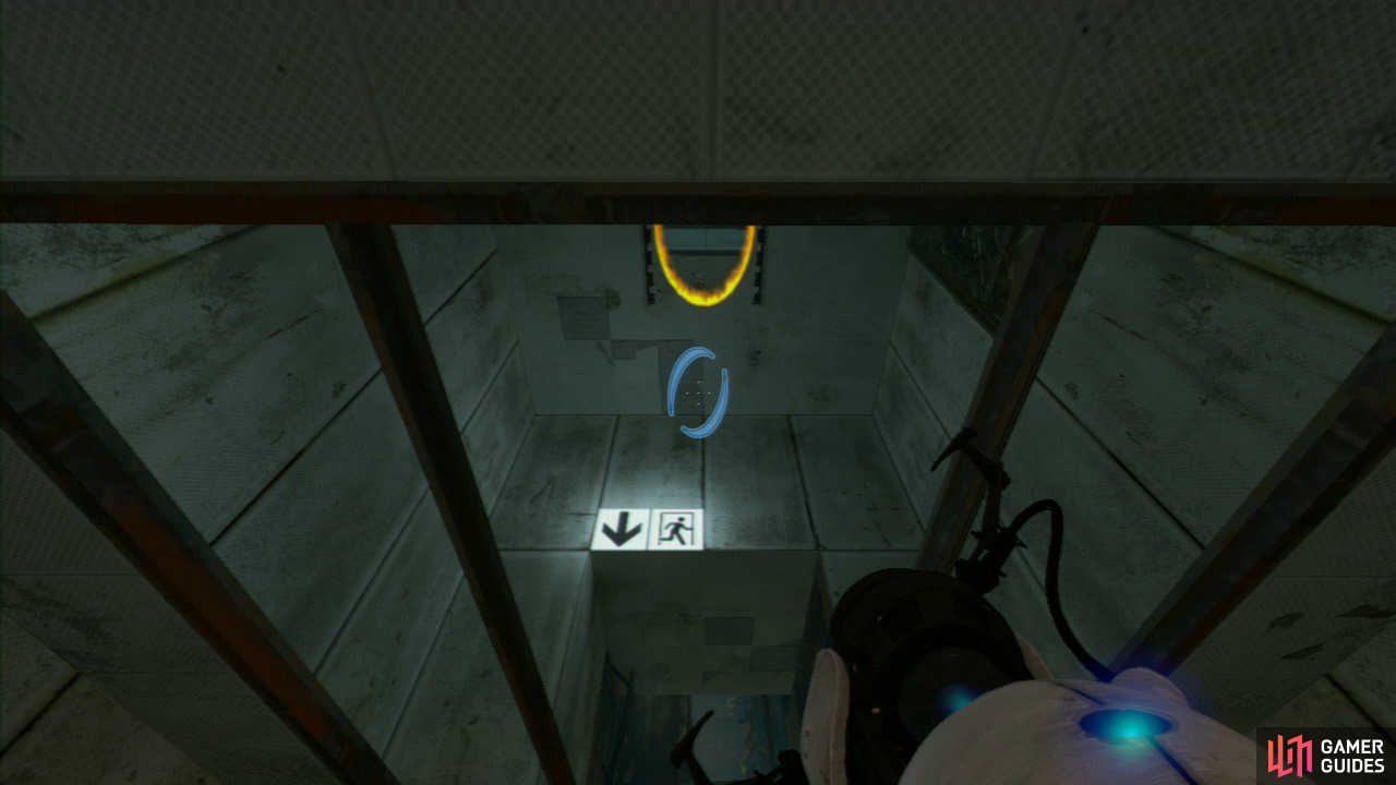 Wondering where to go in the exit? Simply drop a portal by your feet and you'll drop through the roof above. Walk up the broken glass and take the left towards the lift to the next test chamber.