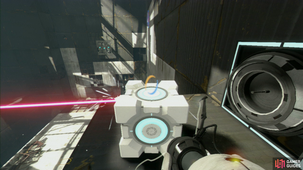 Once you're back on the main floor, stand on the jump pad and you'll hit the glass wall on the middle level. Place your Companion Cube in front of the laser to break it, dropping the barrier behind you.