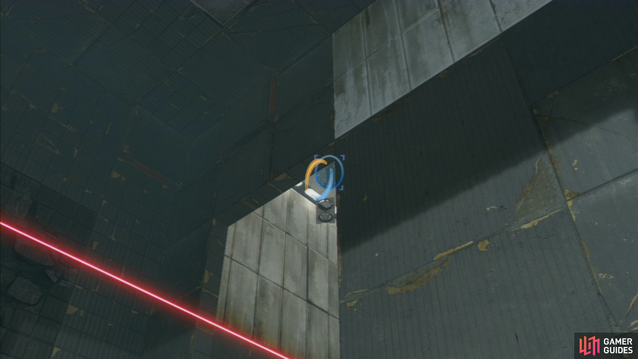The Displacement Cube in front of you is your first target, so position a portal directly under it then look up behind you and to the left-hand corner (where the laser beam is extending into). Fire the next portal on the wall/roof of the ledge up here.