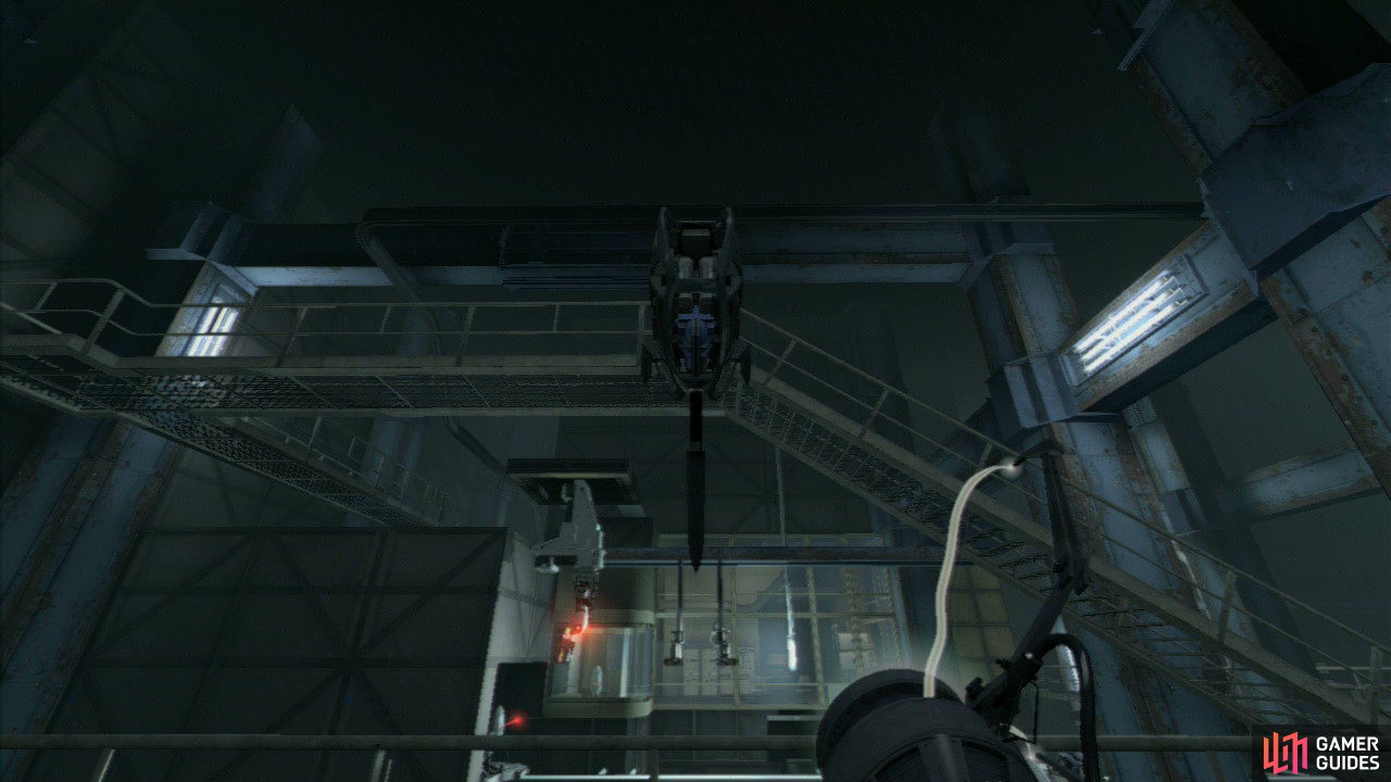 Once you reach the turret inspection room, stand by the funnel to the right of the entrance and turn around to face the turrets as they're inspected. Look up and when a defective turret is flung your way, catch it and take it around the walkway to where Wheatley is.