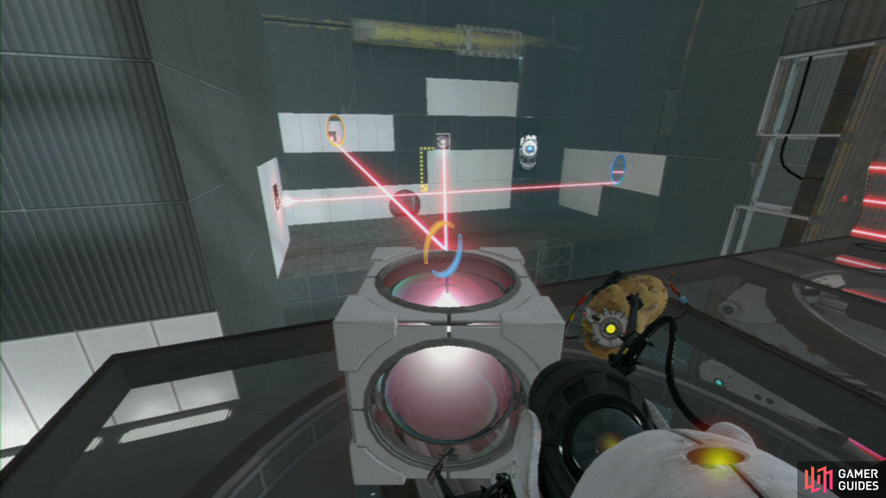 Once the platform is closer to the left side of the room, stop it from moving and position the Cube just in front of you. Get a portal on the laser beam and then one directly in front of you so it's hitting the Cube. Direct the beam so it's powering up the receptor positioned just above the exit.