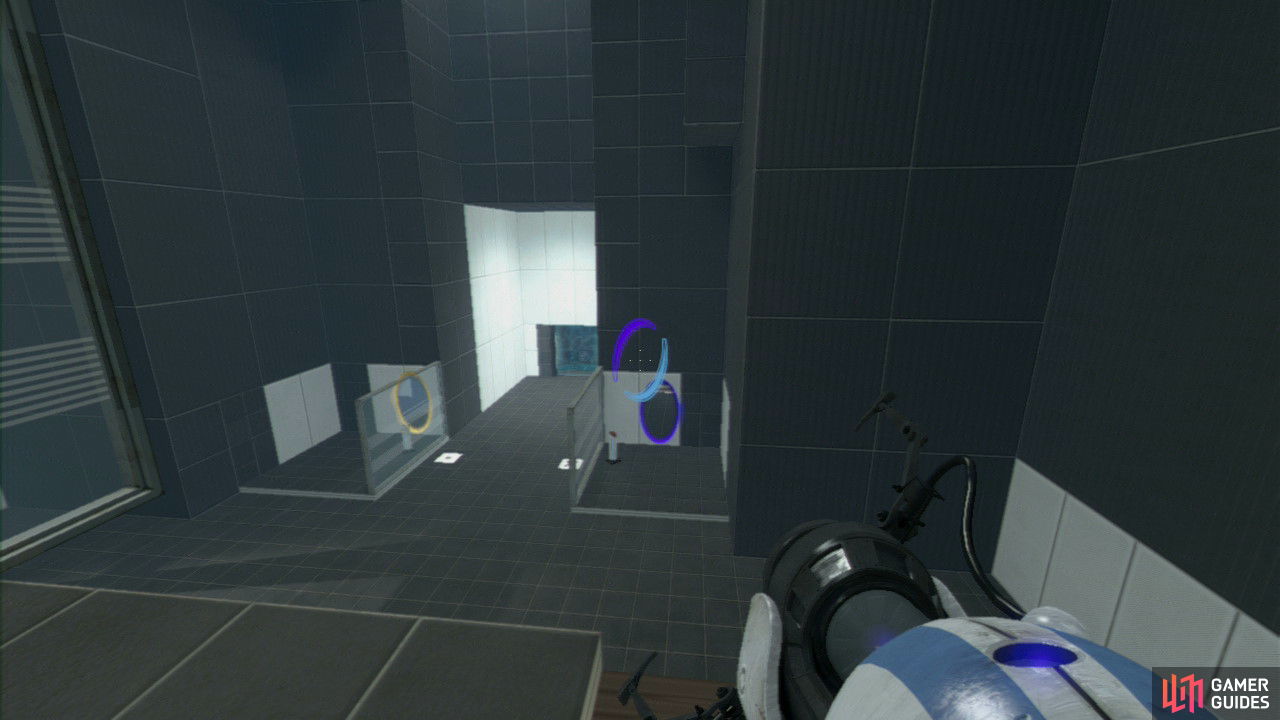 Player 1: Run through the portal so you're on the upper-level directly opposite the switch. You should spot player 2 directly opposite from you standing by their switch.