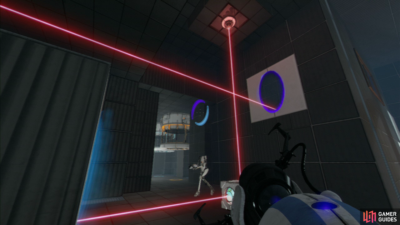 Player 2: Set the Displacement Cube down directly under the laser beam and the beam will find its way to the switch powering the exit.