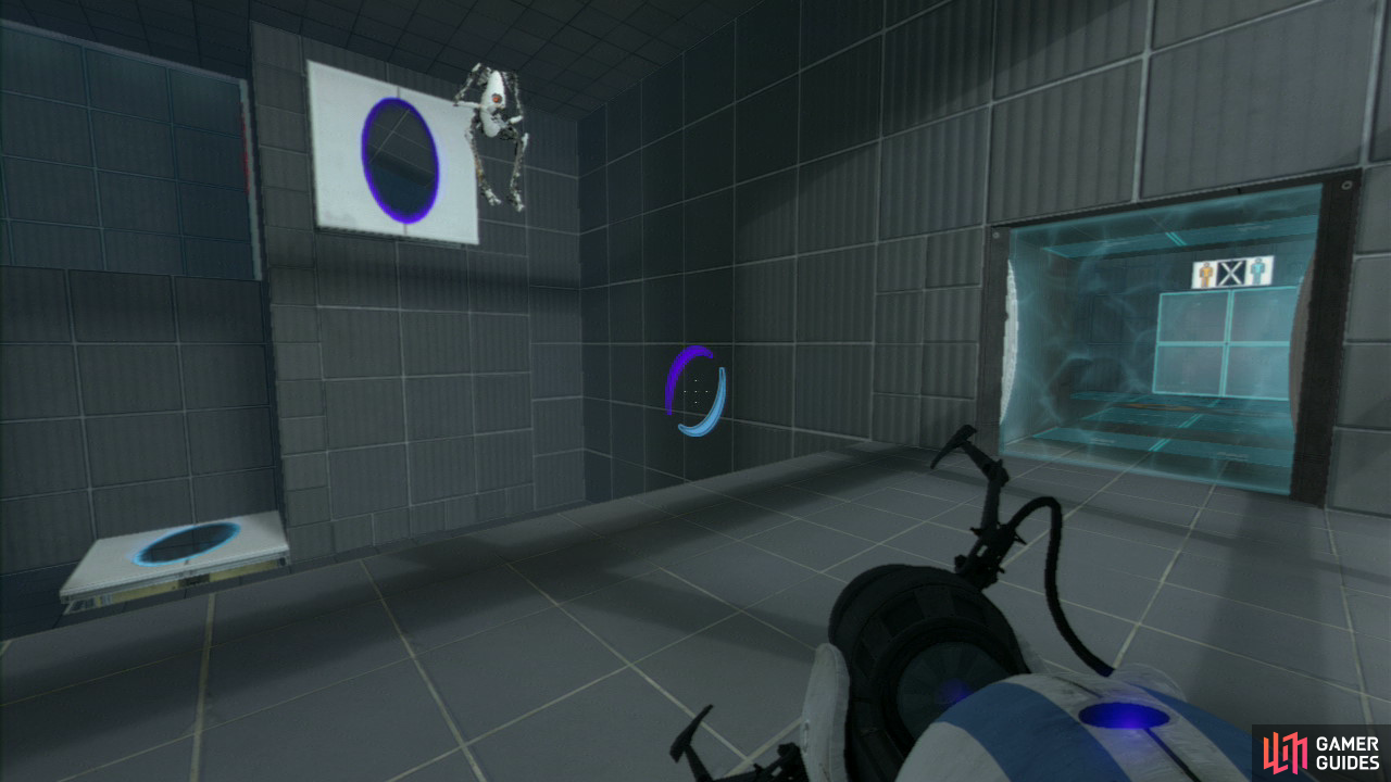 Player 1: Drop through player 2's portal below you and you'll land on the upper platform near the exit. Now wait for player 2 to get up to the upper platform opposite. Now set a portal on the panel below them (that you fell through), and an exit portal on the vertical wall to your right.
