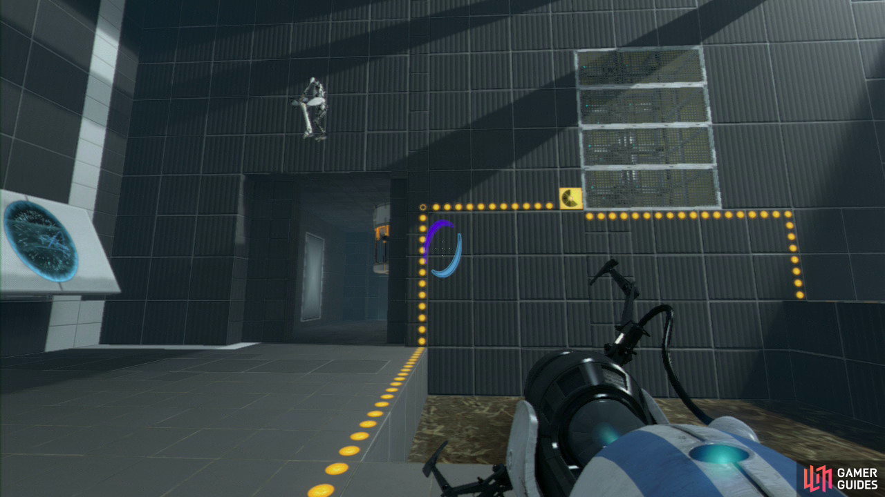 Player 1: Run across to the horizontal panels in the upper right-hand corner of the room and set your entrance portal at the bottom and your exit portal at the top (this is important). Press the nearby switch and then quickly fire off the EXIT portal on the slanted wall to the left. Now watch as your colleague gets flung over the acid water, to the other side.