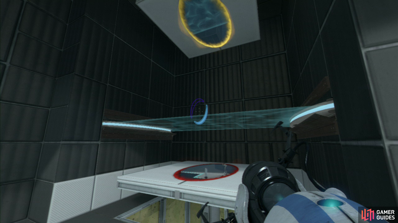 Player 2: You need to replace the portals used by player 1 in the same manner (entrance portal at the bottom and exit portal at the top) and once they've jumped into the infinite loop, hit the switch on your side and then immediately set the exit portal on the slanted wall in the corner.  Once you're both on the same side, just walk into the exit elevators.