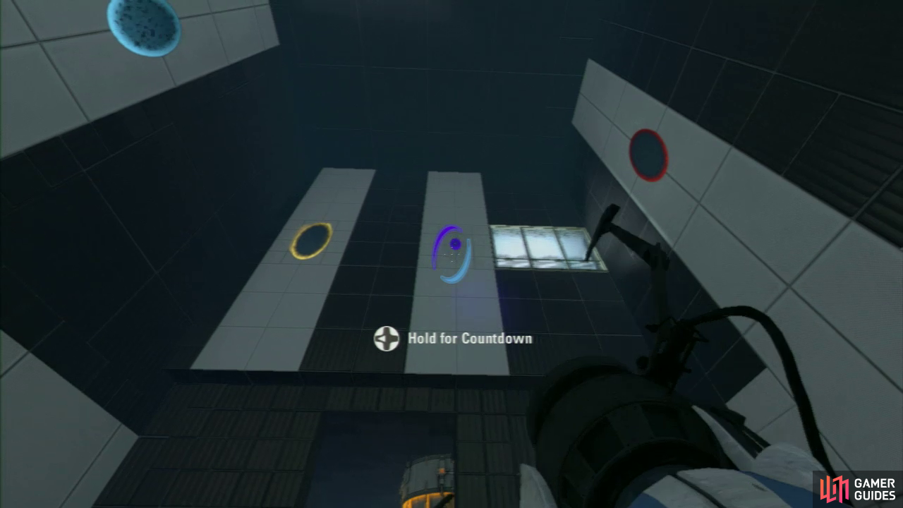 Player 1: Once you enter the room, you should notice the two red buttons up on the wall straight ahead of you. There are also two Arial Faith Plates located on the ground on both the left and right-hand side of the room. Your first task is to plant a portal on the blue 'target' on one of the walls, and then place an exit portal (at the same height) on the wall above the entrance to the room.