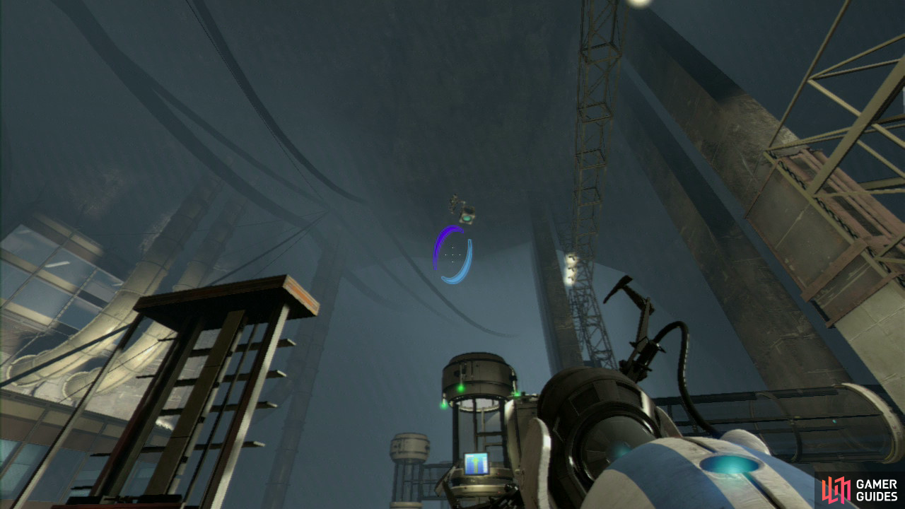 Player 2: As soon as the Displacement Cube reaches as far as where the Red Button Player 1 pushed, drop down into your portal and when you come flying out of the other side, you will be able to grab the Cube in mid-air and carry it across the gap to the platform just up ahead of you.  Now drop the Cube as you fire a portal into the wall panel in front of you (make sure it's the entrance portal, leaving the portal on the slanted wall where it is). Pick the Cube back up and carry it through, so you arrive back on the main platform along with player 1. Stand in front of the laser beam with the Displacement Cube and reflect the laser so it's hitting the power receptor in front of the giant fan, shutting it off temporarily.