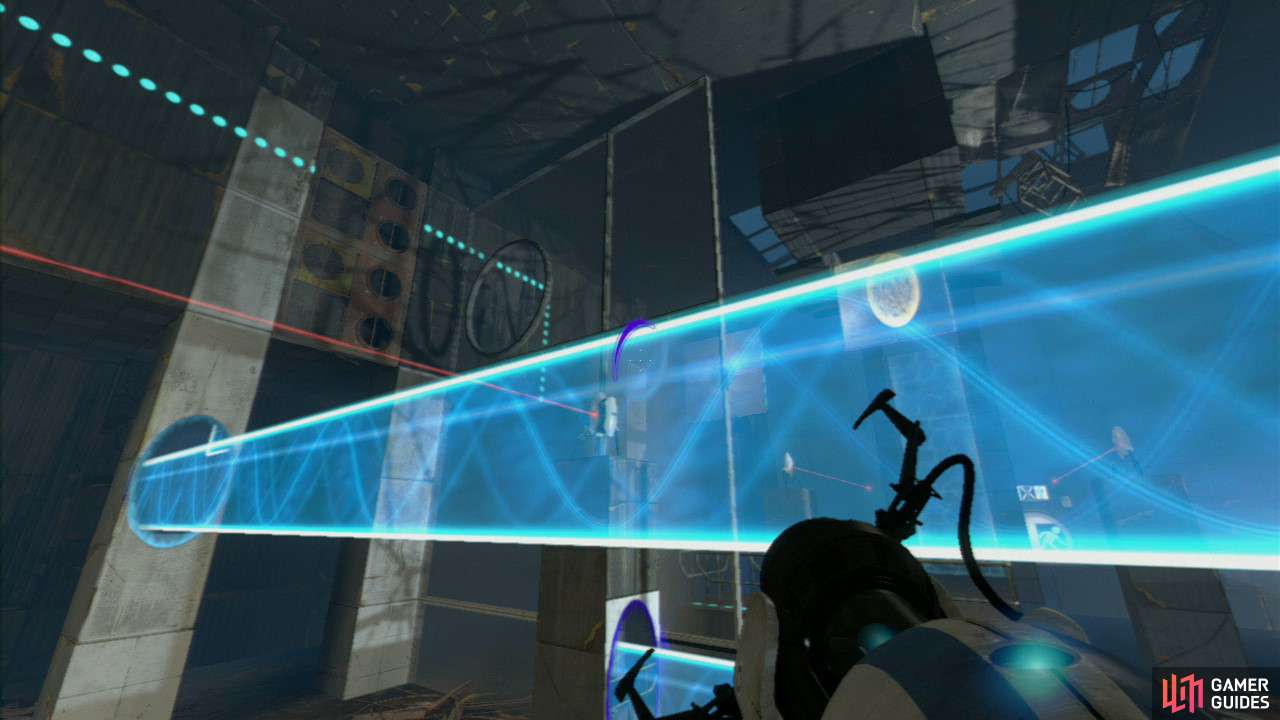 Player 1: Upon entering the second part of the test chamber you'll notice the multiple turrets guarding the area to your immediate right. Your first task is to get a portal on the left-hand pillar with the turret on it and then a second portal about two-thirds of the way down the vertical concrete pillar directly ahead of you. This'll create a barrier high enough to protect both of you.