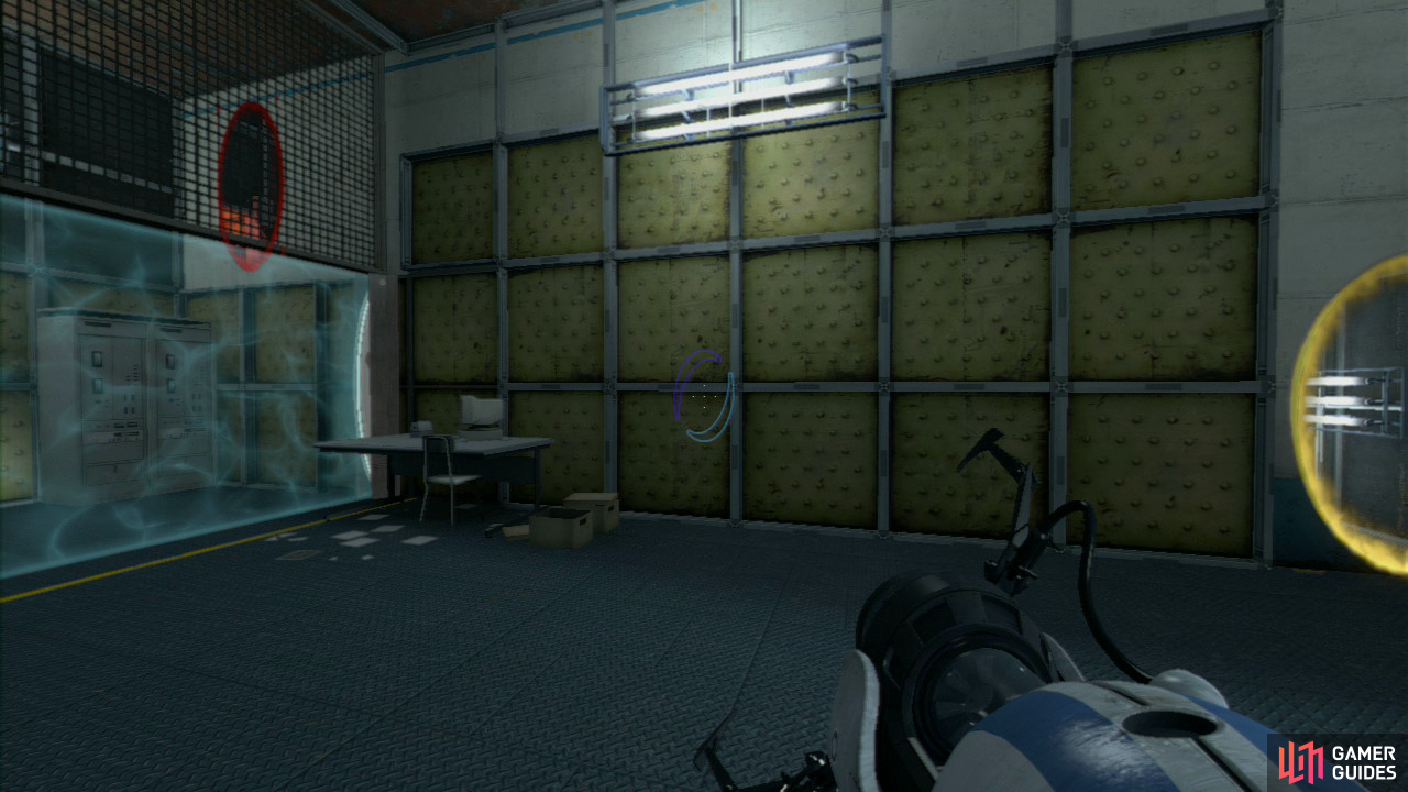 Player 2: Upon entering the building set your first portal on the wall directly beside the 'override' beam and then fire at the top of the wall through the metal grating (where player 1 will currently be). Step through the portal, grab the ball from player 1 and set it in the override slot to open up the path to part 2.