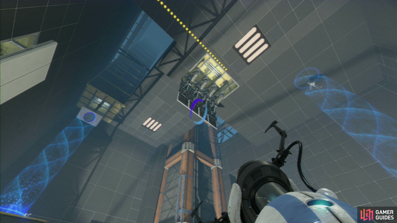 Player 1: Upon entering the main chamber, look for the start of the excursion funnel in the top left-hand corner of the room. Get a portal up on the horizontal panel hanging down above it, then look to your right and on the ground (near the stairs), there's another horizontal panel here that you need to place your other portal on. This'll create a funnel that extends up to the ceiling.