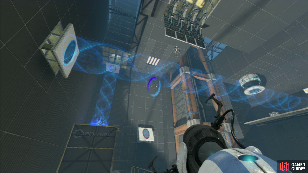 Player 1: Stand on the red button on the floor and this'll lower a vertical barrier from the roof above. Now look to the left-hand wall and you should notice a single vertical wall panel jutting out from the wall. Fire your exit portal here (so the excursion funnel is now running horizontal from left to right, across the room). This in turn will cause player 2 to drop like a stone.