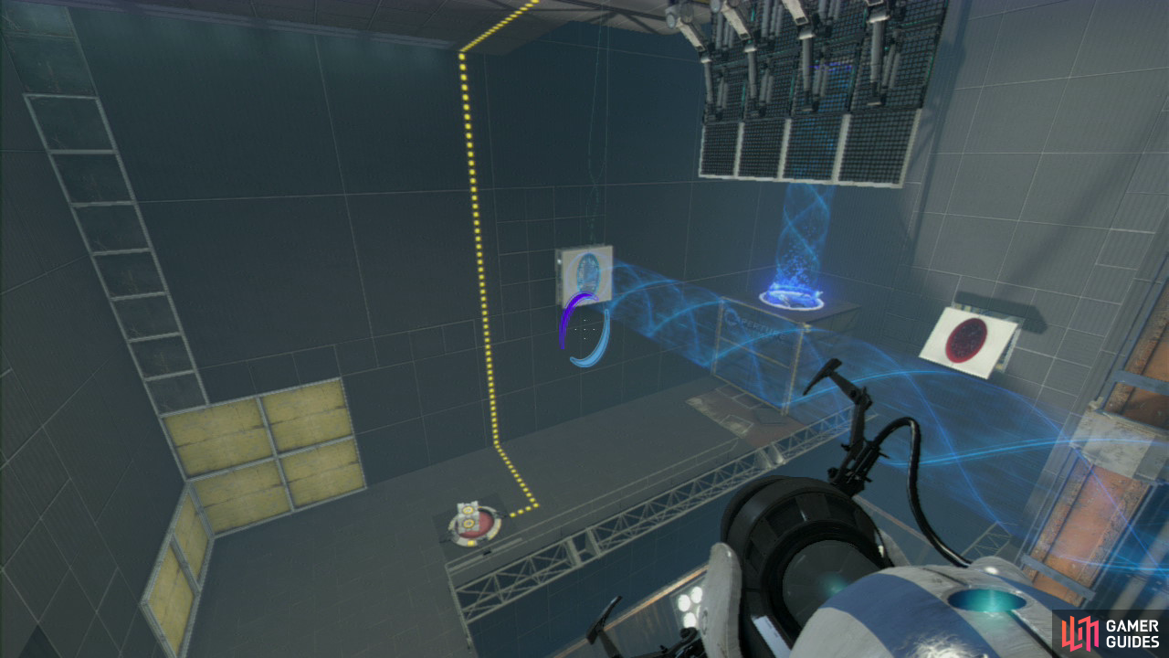 Player 1: Once the Cube is on its resting place, reset your exit portal so the funnel is once again coming out of the horizontal panel on the ground (allowing you to jump in and 'float' up to the ceiling). Ask player 2 to join you afterwards so you're both in the same excursion funnel at the same time.  Once you're both ready, look back towards the wall ahead of you and place the portal on the vertical wall panel (once again creating a horizontal funnel moving towards the exit). This'll immediately cause you both to drop towards the ground.  Player 2: As soon as you're both hurtling downwards, very quickly place an entrance portal below you, allowing you both to hot the barrier, drop into the funnel and get carried over towards the exit!