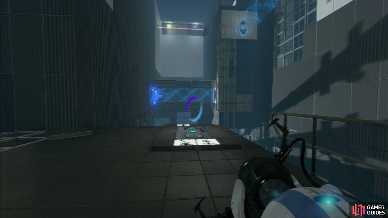 Player 1: Drop down to the Arial Faith Plate below and when you land on the other side, look up and to your right for a rectangular section of wall panels. You want to fire off a portal so the funnel is now passing near the right-hand wall. Hit the Arial Faith Plate nearby (sending you back across the gap), and then simply drop down into the funnel below until you reach the exit at the other side.