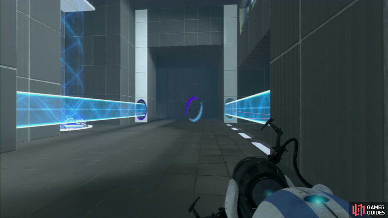 Player 1: As soon as you land, turn left and then get a portal on the thin wall panel where the vertical light bridge is hitting, then look for an identical thin wall panel to your right. Set your second portal here, extending the light bridge and blocking off the turrets tucked away on the right side.