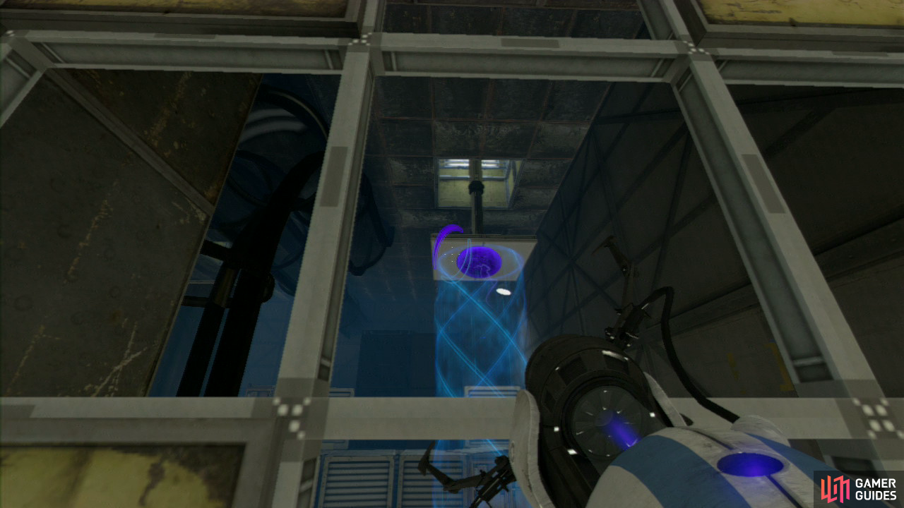 Player 1: First thing to do here is to go to straight ahead and then look through the broken panels to the vertical excursion funnel to your left. Set a portal here and then on the wall panel located a bit to your left.