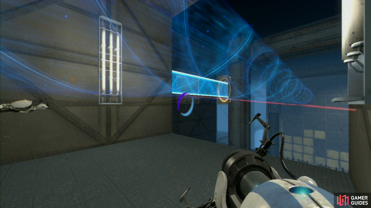 Player 2: Your task is to take control of the light bridge, so peek through the broken panels and look down to the lower ground for the light bridge (zooming in will probably help). Once you've got your first portal on target, run around the corner and look for the turrets tucked away to the left (just past the ledge). Block them off with a light bridge on the wall panel here.