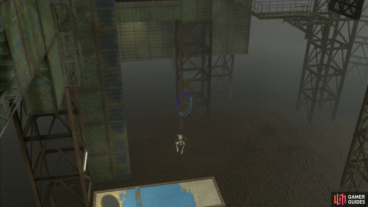 Player 2: Take a run and jump off of the ledge down onto the first platform below, bounce across to the second platform and you should land right by the exit. Now, look down to the right and there's a wall panel here where you need to place an excursion funnel so it's travelling directly below you in a horizontal direction.